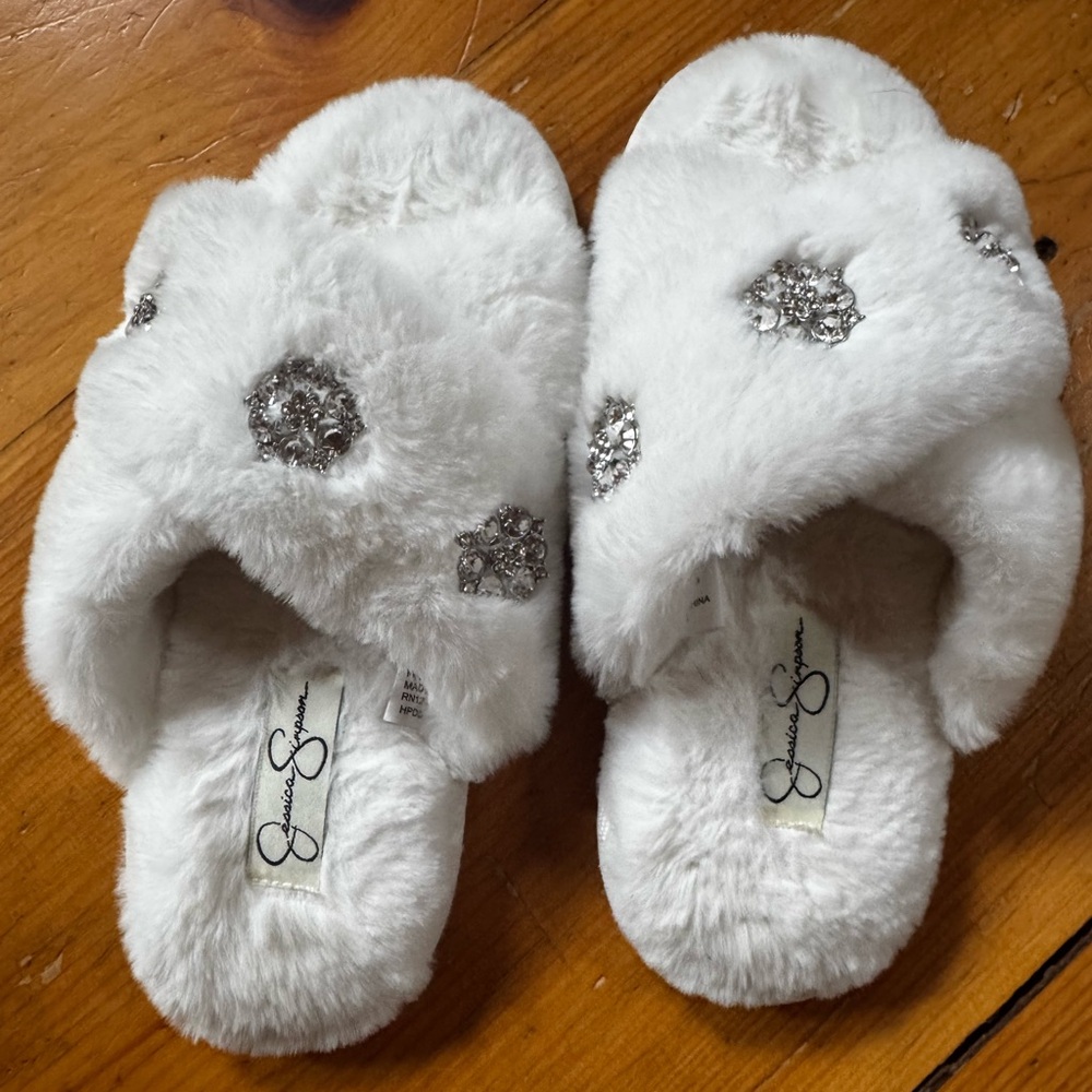 Jessica Simpson Plush White Slippers bridal bride